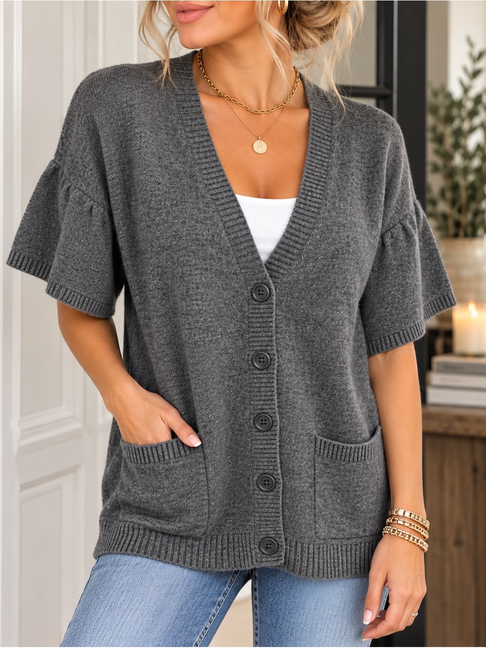 BCBGMaxAzria Wool Charcoal Short-Sleeve V-Neck Button Cardigan- Large